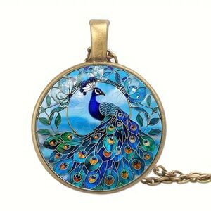 Fashion Peacock Glass Pendant Brass 18” Necklace